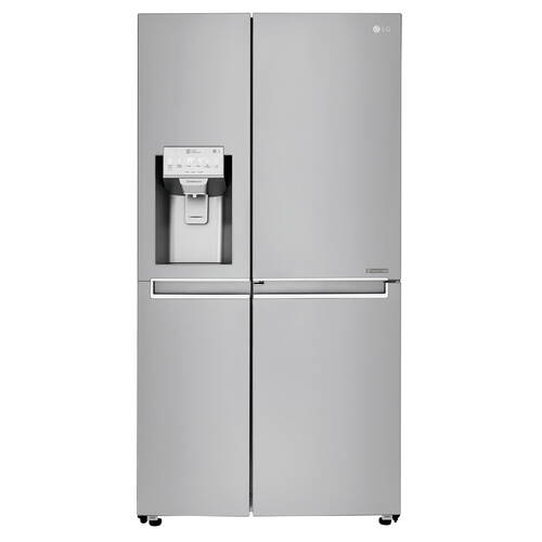 Silberner Side-by-Side-Kühlschrank mit vier Türen und integriertem Wasser- und Eiswürfelspender auf der linken Tür