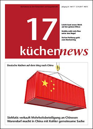 Rotes Frachtcontainer mit chinesischer Flagge wird per Kran angehoben, dazu Titelseite eines Magazins über deutsche Küchenhersteller auf dem Weg nach China