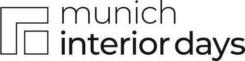 Schwarz-weißes Logo mit minimalistischem eckigem Rahmensymbol links und dem Schriftzug „munich interior days“ in moderner, dünner Groteskschrift rechts