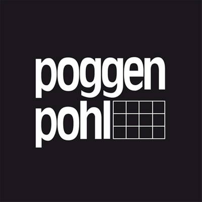 Weißes Poggenpohl-Logo mit zweizeiligem Schriftzug und rechts angeordnetem Gitter aus neun Quadraten auf schwarzem Hintergrund