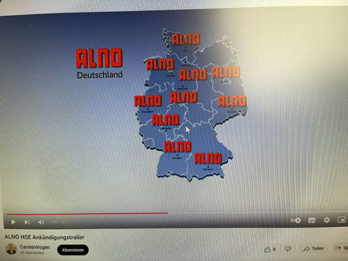 Karte Deutschlands mit mehreren rot markierten ALNO-Standorten und YouTube‑Videoplayer „ALNO HSE Ankündigungstrailer“ im Vordergrund