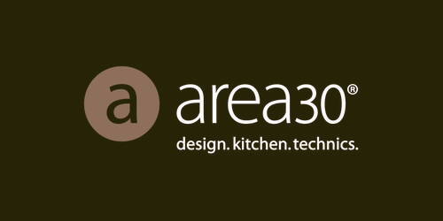 Area30 Logo mit grauem Kreis und weißem Buchstaben „a“ links sowie dem Schriftzug „area30“ und dem Slogan „design.kitchen.technics.“ in Schwarz auf weißem Hintergrund