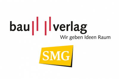 Logo des Bauverlags mit rotem Balkensymbol und Slogan „Wir geben Ideen Raum“, darunter schräg gesetztes gelbes SMG-Emblem