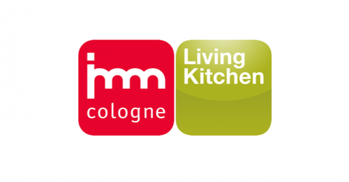 Rot-grünes Logo der imm cologne mit weißer Schriftzugkombination „imm cologne“ und „Living Kitchen“