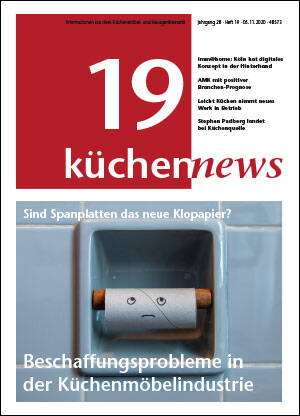 Titelseite des Magazins „küchennews“ mit leerer Toilettenpapierrolle im Fliesenhalter und Überschrift zu Beschaffungsproblemen in der Küchenmöbelindustrie