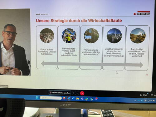 Manager präsentiert Egger-Strategie gegen Wirtschafts­flaute mit fünf Schwerpunkten von Kapazitätsauslastung bis langfristigen Investitionen in Kreislaufwirtschaft auf Konferenzfolie am Bildschirm