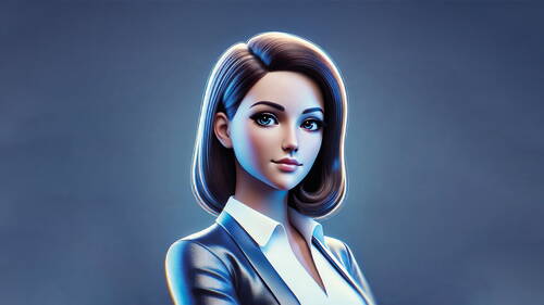 Elegante, digital illustrierte Geschäftsfrau mit kurzem braunem Haar und weißem Hemd vor blauem Hintergrund, die selbstbewusst in die Kamera blickt.