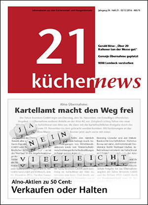 Titelseite des Magazins „21 küchennews“ mit Schlagzeile zur Alno-Übernahme und Scrabble-Steinen, die die Wörter „Ja“, „Nein“ und „Vielleicht“ zur Unsicherheit über den Verkauf von Alno-Aktien bilden