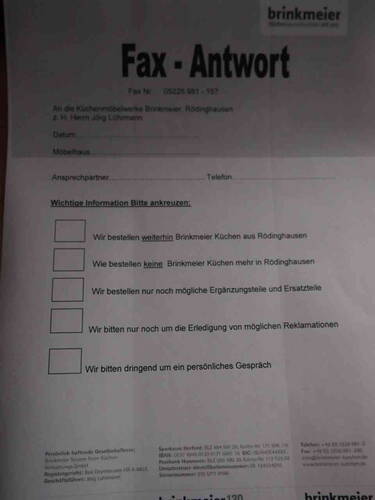 Fax-Antwortformular von Brinkmeier mit Auswahlkästchen zur weiteren Küchenbestellung, Reklamationsabwicklung und Bitte um persönliches Gespräch