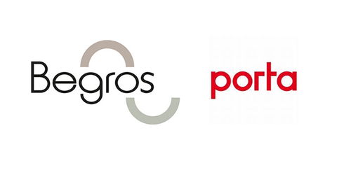 Zwei nebeneinander platzierte Schriftzüge mit den Logos von Begros in Schwarz mit geschwungenen grauen Bögen und porta in schlichtem Rot auf weißem Hintergrund