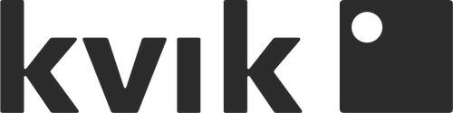 Schwarzes „kvik“-Wortlogo in moderner, fett gesetzter Schrift mit danebenstehendem schwarzen Quadrat, in dessen oberer linker Ecke ein runder, weißer Punkt ausgespart ist.