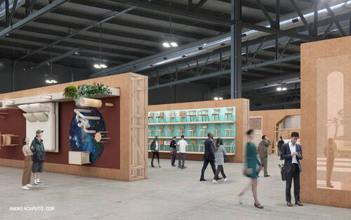 Design-Messehalle mit Holzständen, an denen Besucher eine türkisfarbene Wand voller Stühle und eine künstlerische Installation mit schwebenden Möbeln vor einem galaktischen Hintergrund betrachten