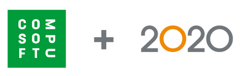 Grünes Logo mit vertikal angeordneten weißen Buchstaben „COMSOFTU“ links, daneben ein graues Pluszeichen und rechts die graue Jahreszahl „2020“ mit orangefarbener Null.