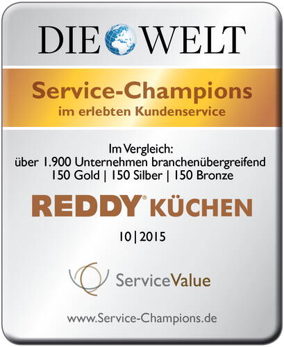 Auszeichnung „Service-Champions im erlebten Kundenservice“ 2015 für Reddy Küchen durch Die Welt und ServiceValue im Vergleich mit über 1.900 Unternehmen