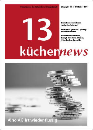 Gestapelte und umkippende Euromünzen in Schwarz-Weiß illustrieren auf dem Titel der Zeitschrift „küchennews“ die Schlagzeile „Alno AG ist wieder flüssig“