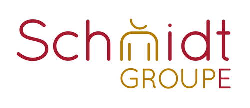 Schmidt Gruppe Logo mit modern geschwungener Schrift in Rot und Ocker auf weißem Hintergrund