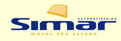 Simar-Logo mit stilisiertem gelben Bildschirm, blauem Firmenschriftzug und Slogan „moves the screen“ sowie Zusatz „Automatisering“