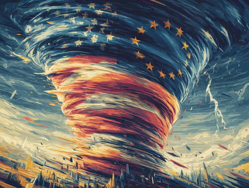 Gewaltiger Tornado aus ineinander verwobenen USA- und EU-Flaggen wirbelt über einer stilisierten Stadtlandschaft unter dramatischem Himmel
