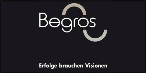Logo der Marke Begros mit zwei halbkreisförmigen Bögen und dem Slogan „Erfolge brauchen Visionen“ auf schwarzem Hintergrund
