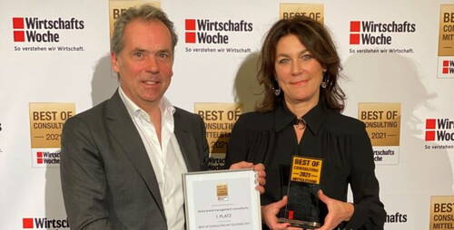 Zwei Geschäftsleute posieren vor einer Wand mit WirtschaftsWoche-Logos und halten eine Urkunde sowie einen „Best of Consulting 2021“-Award in die Kamera