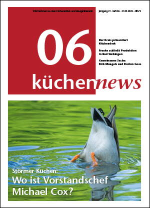 Titelblatt der Fachzeitschrift „küchennews“ mit tauchender Ente im Wasser und der Schlagzeile „Störmer Küchen: Wo ist Vorstandschef Michael Cox?“