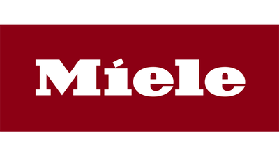 Miele-Schriftzug in weißer Serifenschrift auf dunkelrotem Hintergrund