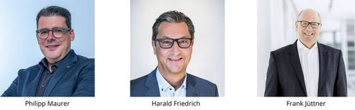 Drei lächelnde Männer in Businesskleidung stehen jeweils vor hellem Hintergrund, mit den Namensbeschriftungen Philipp Maurer, Harald Friedrich und Frank Jüttner unter ihren Porträts.