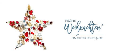 Stern aus bunten Weihnachtsornamenten auf weißem Hintergrund mit Schriftzug „Frohe Weihnachten & ein gutes neues Jahr“ auf der rechten Seite