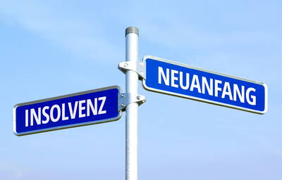Wegweiser mit den blauen Straßenschildern „Insolvenz“ und „Neuanfang“, die in entgegengesetzte Richtungen zeigen