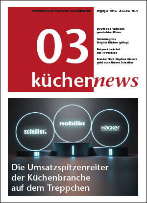Titelseite des Magazins „küchennews“ mit leuchtendem Podest, auf dem die Küchenhersteller Schüller, Nobilia und Häcker als Umsatzspitzenreiter der Branche hervorgehoben werden