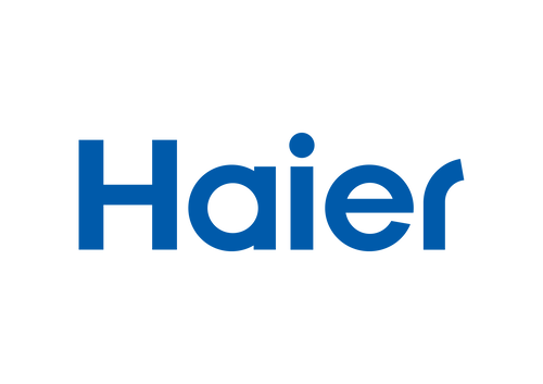 Blaues Haier-Logo in moderner serifenloser Schrift auf schwarzem Hintergrund