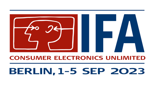 IFA-Logo mit stilisiertem Kopf und Text „Consumer Electronics Unlimited, Berlin, 1–5 Sep 2023“