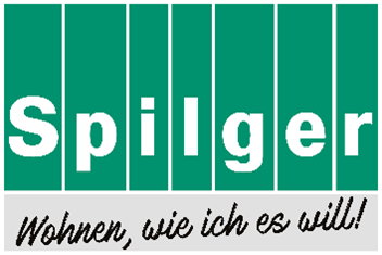 Grünes Spilger-Logo mit vertikalen Balken und dem Slogan „Wohnen, wie ich es will!“ auf grauem Hintergrund