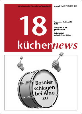 Titelseite eines Küchenfachmagazins mit großer roten Schlagzeile „küchennews“ und darunter einer Trommel, auf der der Text „Bosnier schlagen bei Alno zu“ steht, flankiert von zwei trommelnden Händen mit Schlegeln.