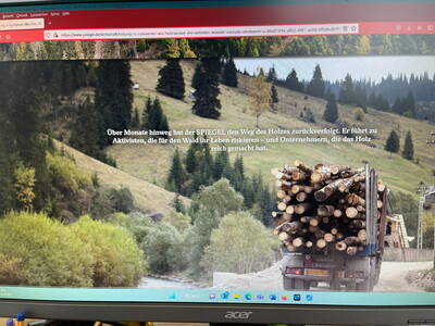 Lastwagen mit frisch geschlagenen Baumstämmen fährt auf einer Landstraße durch eine hügelige, dicht bewaldete Landschaft, während darüber ein deutschsprachiger Online-Artikel über Holzhandel eingeblendet ist.
