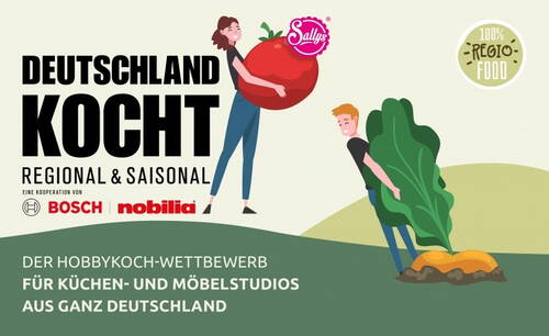 Zwei Hobbyköche heben übergroßes regionales Gemüse aus dem Boden, während daneben der Schriftzug „Deutschland kocht – regional & saisonal“ sowie Logos von Bosch, Nobilia und Sallys den bundesweiten Hobbykoch-Wettbewerb für Küchen- und Möbelstudios ankündigen.