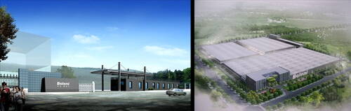 Moderne Boloni-Industrieanlage mit Eingangstor und Parkplatz links sowie Luftansicht eines weitläufigen Fabrikkomplexes, umgeben von Bäumen und Straßen rechts