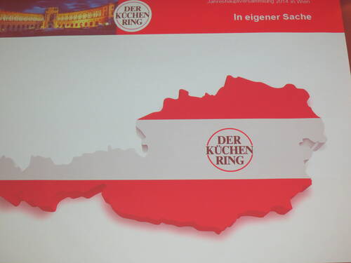 Grafische Darstellung Österreichs in Landesfarben mit zentral platziertem Logo „Der Küchenring“ und Überschrift „In eigener Sache“ im oberen roten Banner