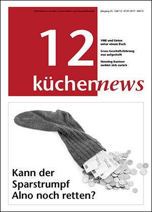 Gestrickter Sparstrumpf liegt ausgeschüttet auf einer Zeitschriftentitelseite, aus dem Kleingeld und mehrere Alno-Aktienzertifikate herausfallen, daneben die Überschrift „Kann der Sparstrumpf Alno noch retten?“.