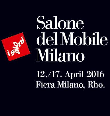 Plakat mit weißer Typografie auf dunklem Hintergrund, das die Möbelmesse „Salone del Mobile Milano“ vom 12. bis 17. April 2016 in der Fiera Milano Rho ankündigt, ergänzt durch ein rotes Kachelsignet mit dem Schriftzug „i saloni“.