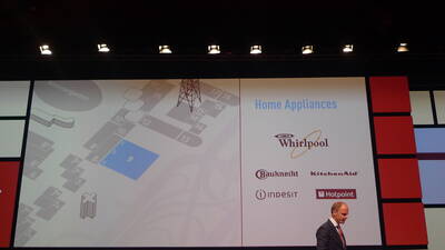 Geschäftsmann präsentiert auf einer Bühne eine Großleinwand mit Hallenplan und Logos mehrerer Hausgeräte-Marken wie Whirlpool, Bauknecht, KitchenAid, Indesit und Hotpoint.