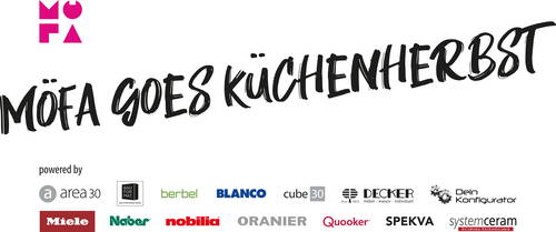 MOFA goes Küchenherbst Kampagnenbanner mit handschriftlichem Schriftzug und Logos der teilnehmenden Küchen- und Gerätehersteller