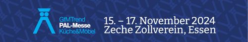 Bannerankündigung der GfMTrend PAL-Messe Küche & Möbel mit Termin 15.–17. November 2024 auf der Zeche Zollverein in Essen auf dunkelblauem Hintergrund