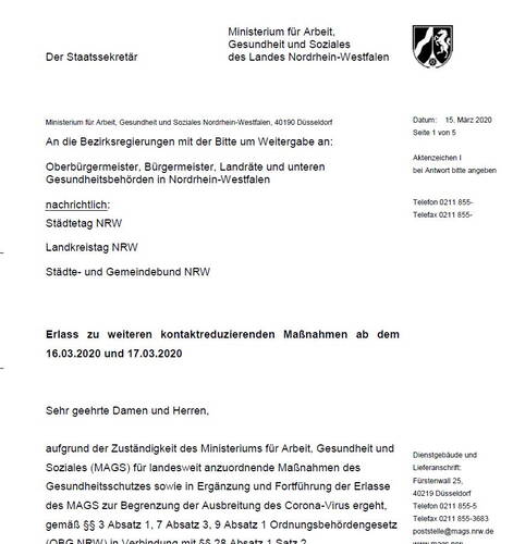 Dienstschreiben des nordrhein-westfälischen Arbeits-, Gesundheits- und Sozialministeriums vom 15. März 2020 mit Erlass zu weiteren kontaktreduzierenden Maßnahmen ab dem 16. und 17. März 2020 an Kommunen und Gesundheitsbehörden in NRW