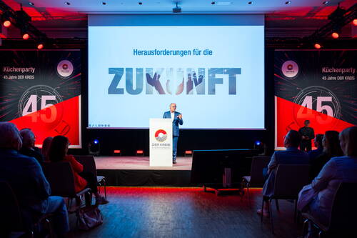 Redner hält auf einer Bühne vor Publikum einen Vortrag mit der Präsentationsfolie „Herausforderungen für die Zukunft“ bei der 45-Jahre-Jubiläumsveranstaltung von DER KREIS.