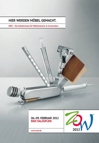 Multifunktionales Taschenmesser mit ausklappbaren Möbelbeschlägen, LED-Leiste und Holzmustern als Werbemotiv für die Zuliefermesse ZOW 2012 in Bad Salzuflen