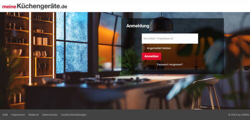 Moderne Küchenatmosphäre mit Holzelementen und großem Fenster, überlagert von einem Login-Formular der Website „meineKüchengeräte.de“