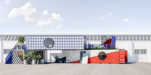 Moderne Containerarchitektur vor einer Industriehalle mit runden Fenstern, farbigen Fassadenelementen und begrüntem Oberdeck unter klarem Himmel
