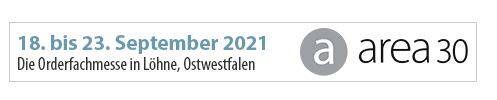 Banner mit Hinweis auf die Orderfachmesse area30 in Löhne, Ostwestfalen, vom 18. bis 23. September 2021