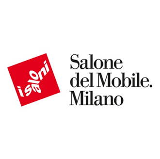 Logo der Möbelmesse „Salone del Mobile Milano“ mit rotem, schräg stehenden Quadrat und weißem Schriftzug „i saloni“ neben schwarzer Wortmarke